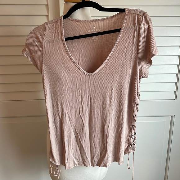 American Eagle Pink Tee, Short Sleeve, Tie Details on Sides - Picture 1 of 5